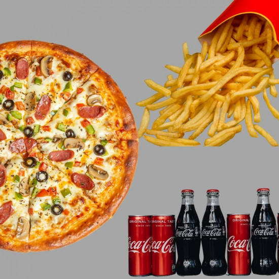 CHICKEN CHEESE PIZZA -1 ,FRENCH FRIES -1 ,SOFT DRINKS -1